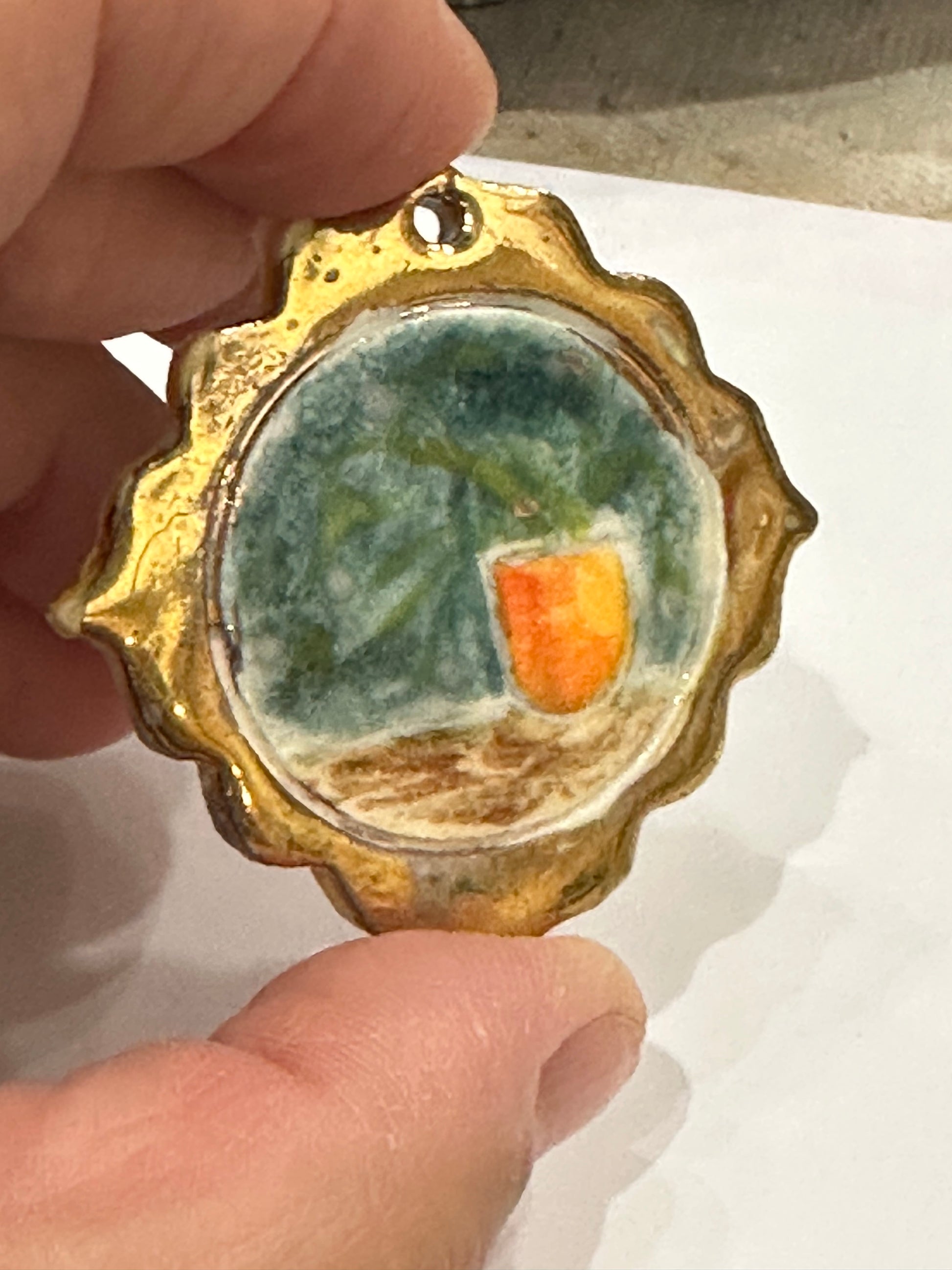 Miniature handpainted and handmade porcelain still-life with 22kt gold “frame”