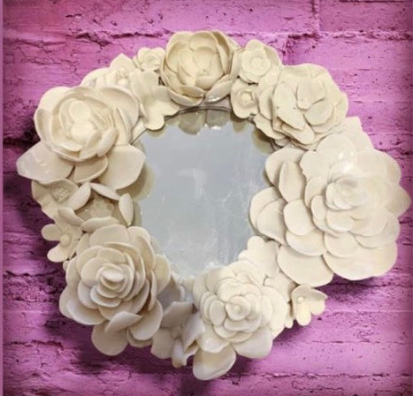 One of a kind hanging porcelain flower mirror